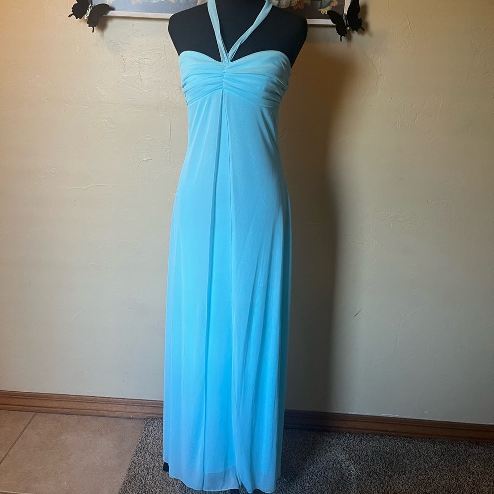 Light Blue Halter Maxi Dress with Ruched Bodice - Women